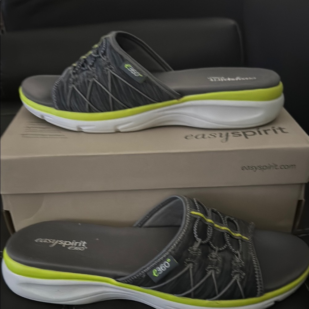 Easy Spirit Gray and Lime Slide Sandals